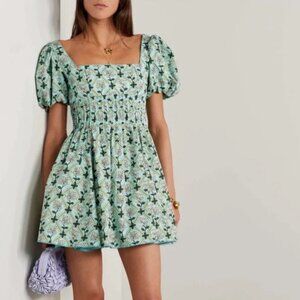 Agua By Agua Bendita Floral Dress Caramelo Pintucked Cotton Poplin Mini Sz S